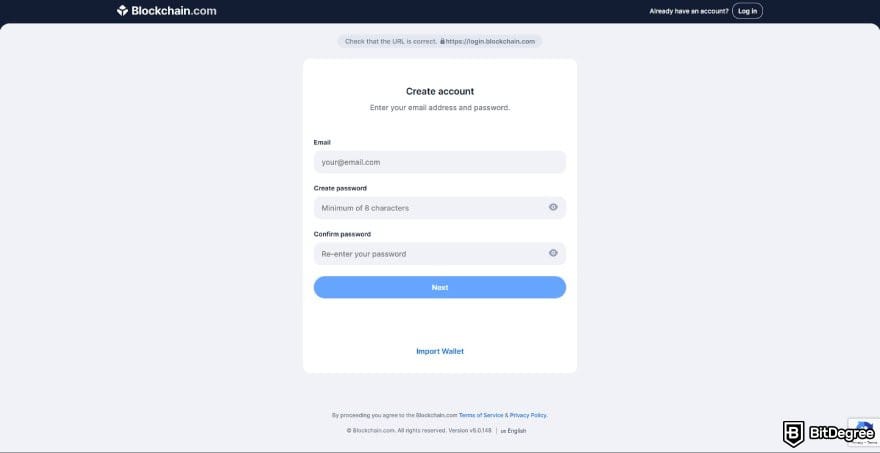 Blockchain.com review: the create account page on Blockchain.com.