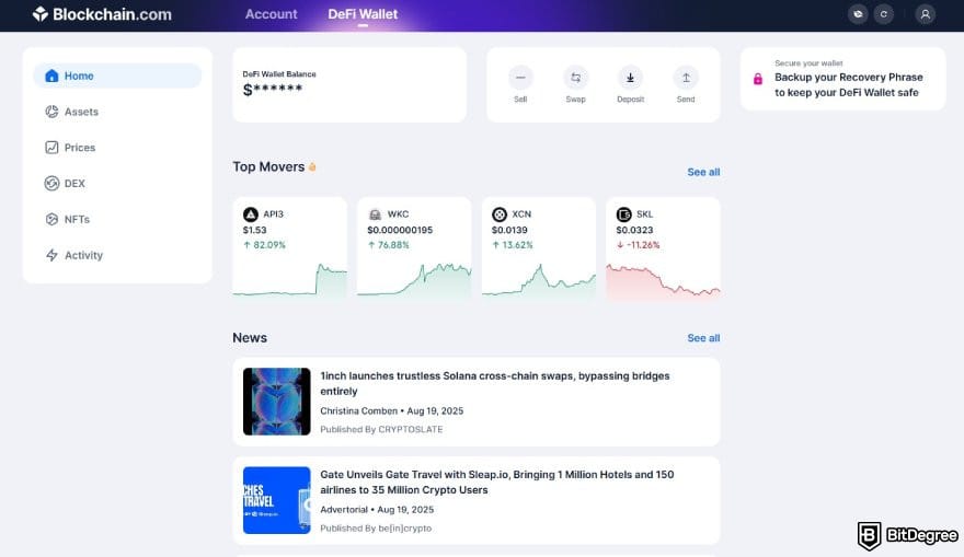 Blockchain.com review: Blockchain.com's DeFi wallet interface on desktop.