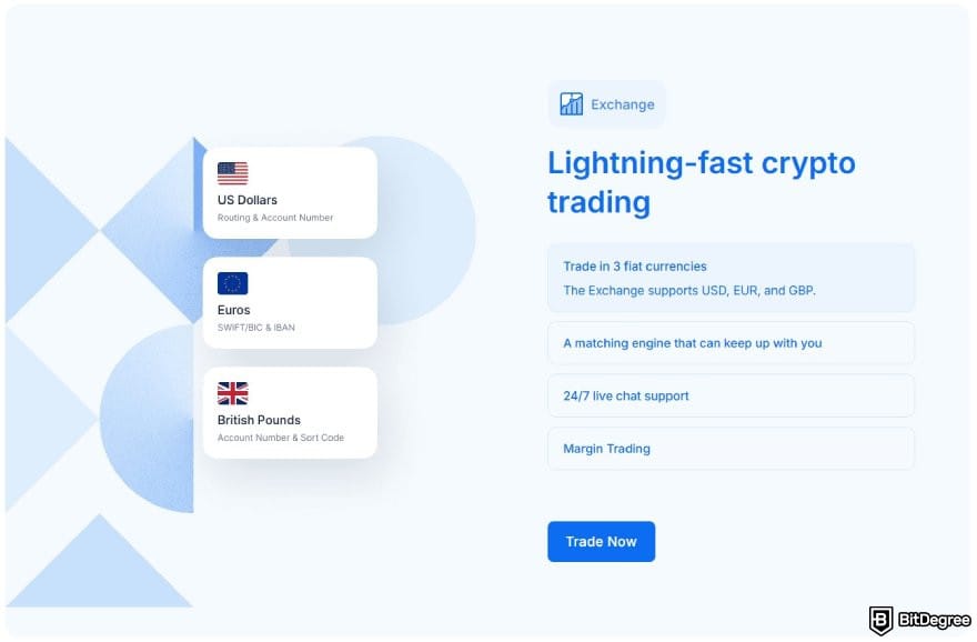 Blockchain.com review: the exchange section on Blockchain.com homepage.