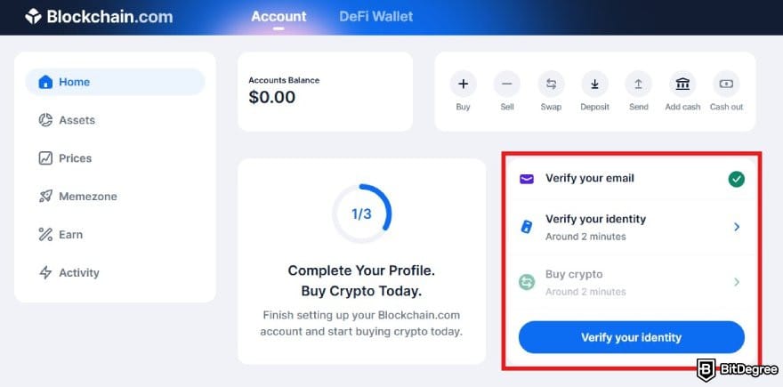 Blockchain.com review: Blockchain.com wallet dashboard with the KYC verification box highlighted.