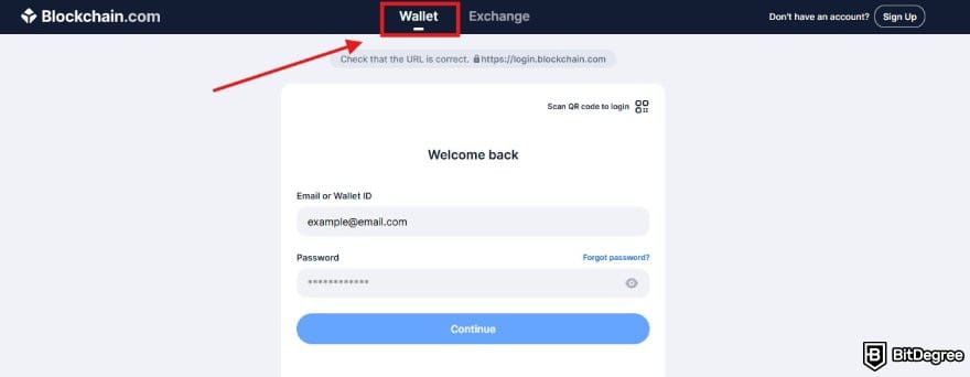 Blockchain.com review: the login page on Blockchain.com.