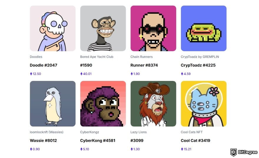 Blockchain.com review: some listings on the Blockchain.com's NFT page.
