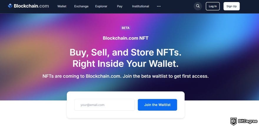 Blockchain.com review: the NFT page on Blockchain.com.
