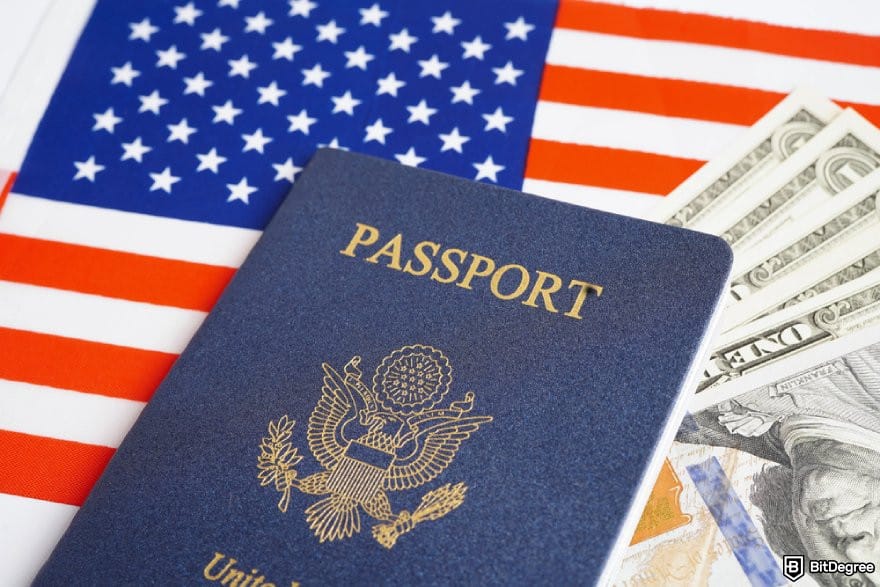Blockchain.com review: a US passport and some one dollar bills.