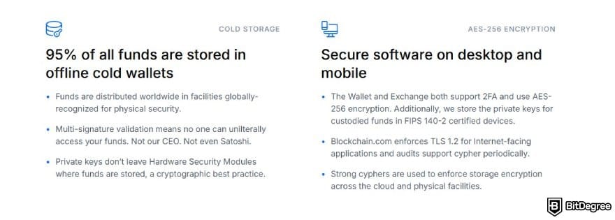 Blockchain.com review: descriptions of some of Blockchain.com's security features.