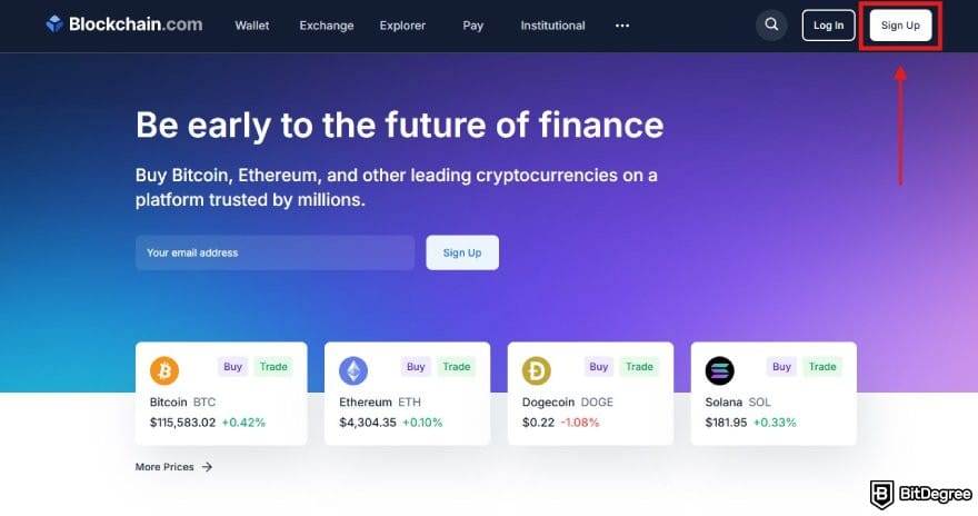 Blockchain.com review: Blockchain.com homepage with the Sign Up button highlighted.