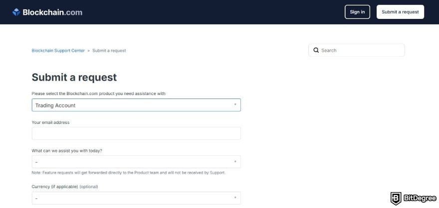 Blockchain.com review: the support ticket submission page on Blockchain.com.