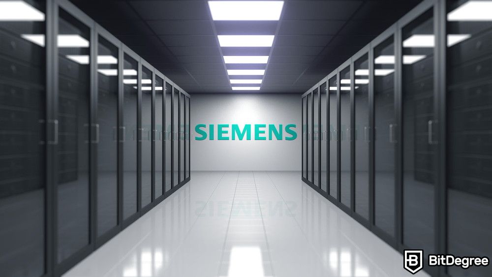 Blockchain para energia: logotipo da Siemens em uma sala de servidores.