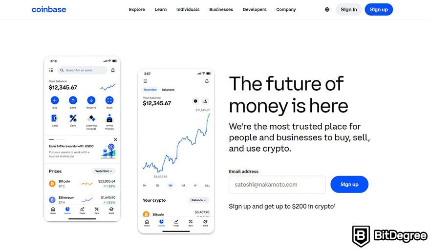 Blockchain in finance: Coinbase homepage.