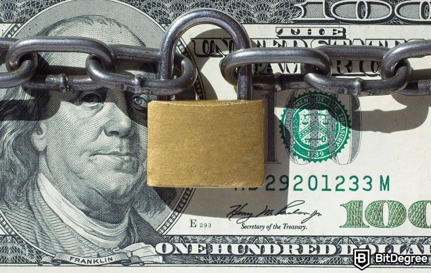 Blockchain in finance: a hundred dollar bills with a locked chain.