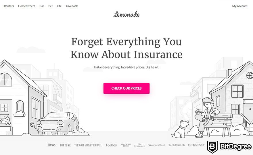 Blockchain em Seguros: Lemonade homepage.