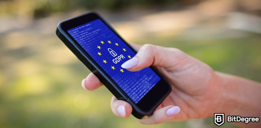 Blockchain in supply chain: European Union locked against cropped hands of woman using phone.