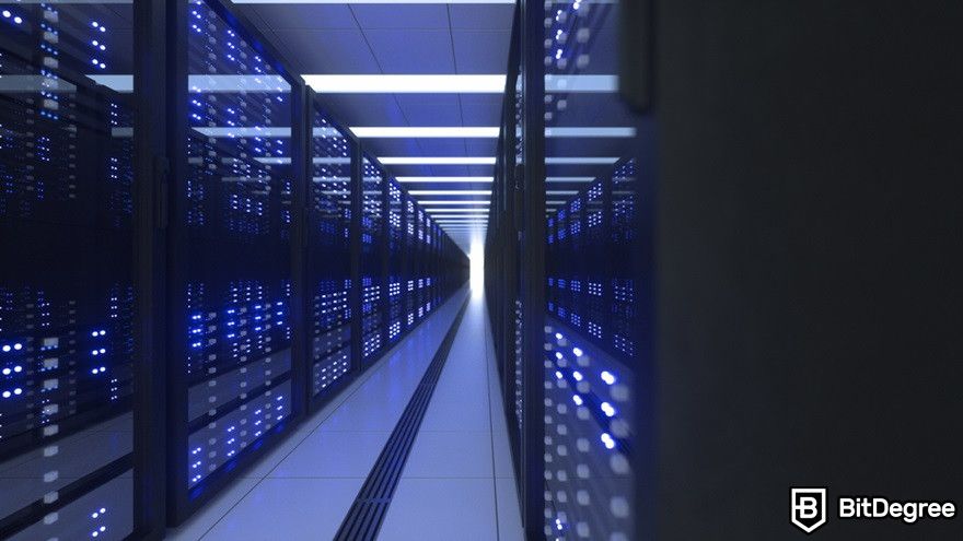 Blockchain in supply chain: Data center computer racks in a server room.