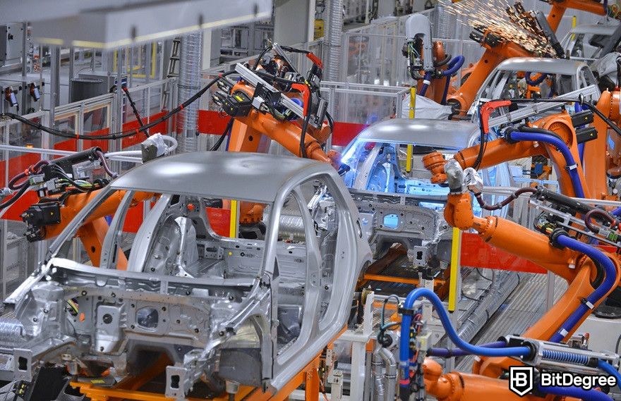 Blockchain in supply chain: Robots welding in car factory.
