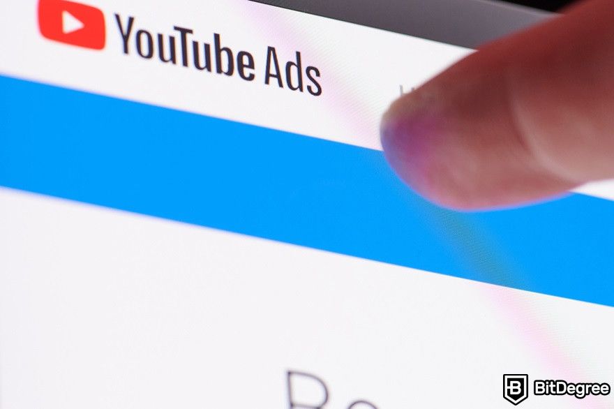 Blockchain marketing: YouTube ads on a screen.