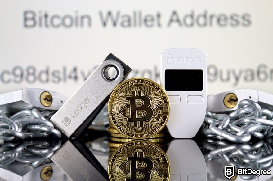Blockchain security: Ledger, Bitcoin coin, Trezor, and silver chains.