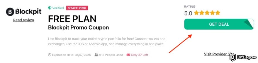 Blockpit promo code: a red arrow pointing to the [GET DEAL] button on BitDegree's page.