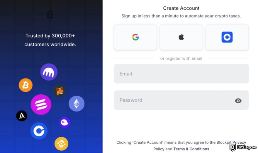 Blockpit promo code: Blockpit's account creation page.