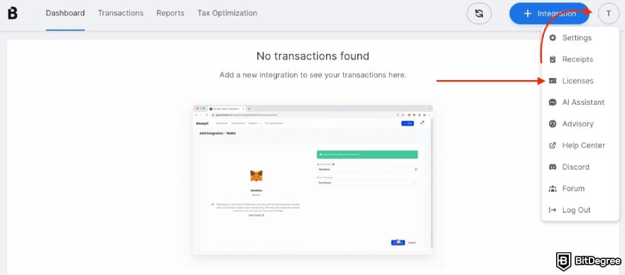 Blockpit promo code: one arrow pointing to profile picture, the other pointing to the [Licenses] button.