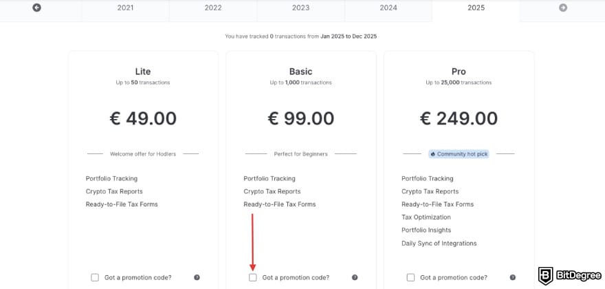 Blockpit promo code: a red arrow pointing to the [Got a promotion code?] check box.