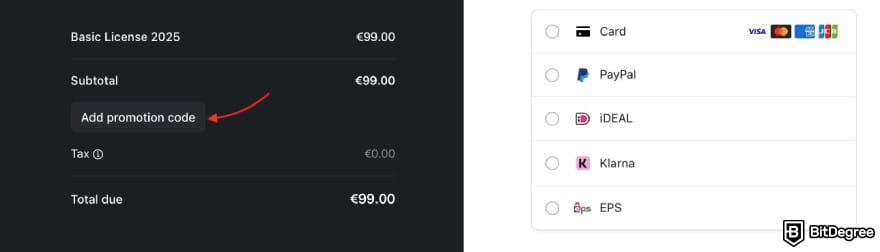 Blockpit promo code: a red arrow pointing to the [Add promotion code] button.