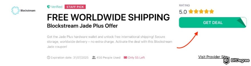 Blockstream Jade discount code: a red arrow pointing to the [GET DEAL] button on BitDegree's page.
