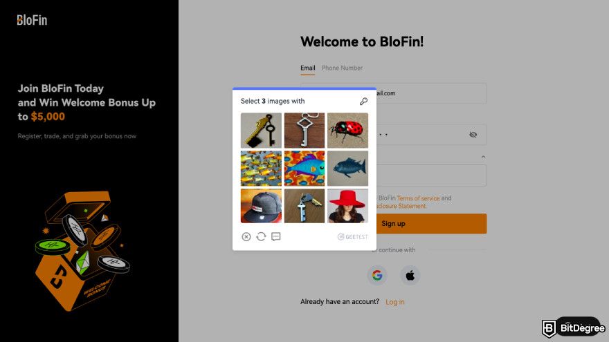 BloFin review: a screenshot of BloFin's CAPTCHA verification.