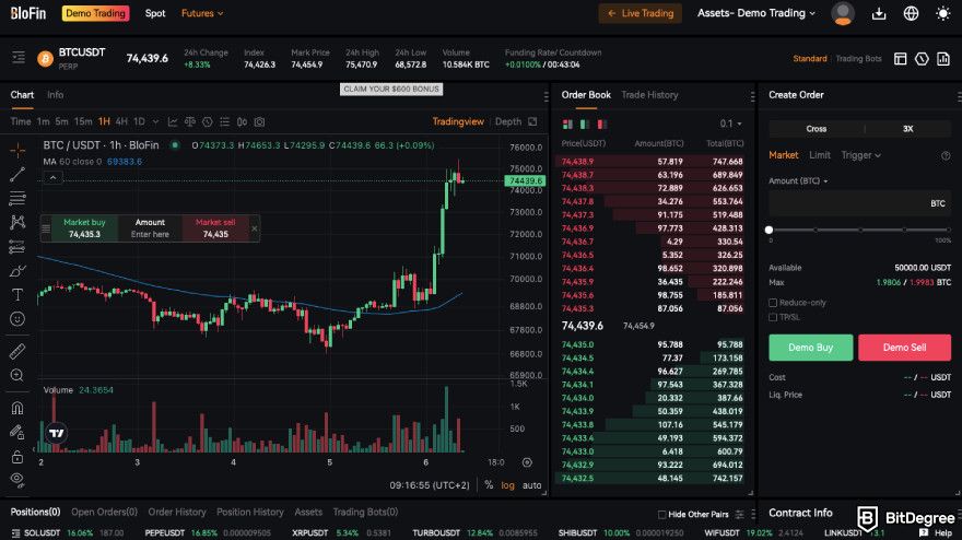 BloFin review: a screenshot of BloFin's demo trading view.