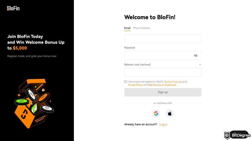 BloFin review: a screenshot of BloFin's sign up window.