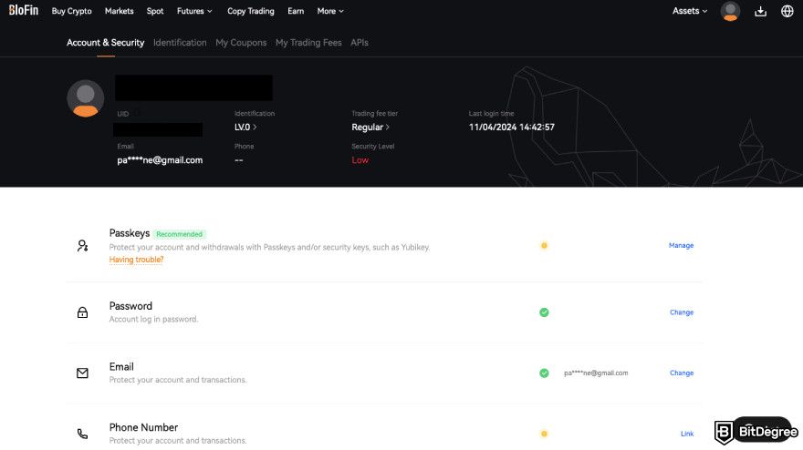 BloFin review: a screenshot of BloFin's account page.
