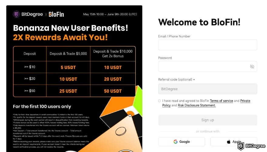BloFin review: the registration page.