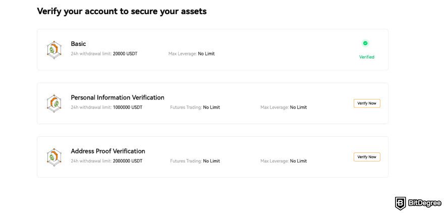 BloFin review: a screenshot of BloFin's verification levels.