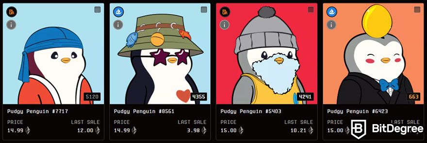 Blur review: four listings of Pudgy Penguin NFTs on Blur's marketplace with their pricing details.