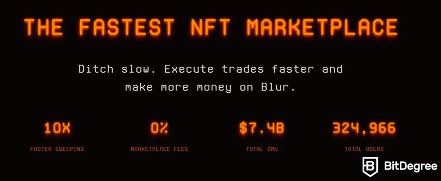 Blur review: Blur advertises itself as a fast NFT trading with 10x faster sweeping, zero fees, $7.4B GMV, and 324k users.