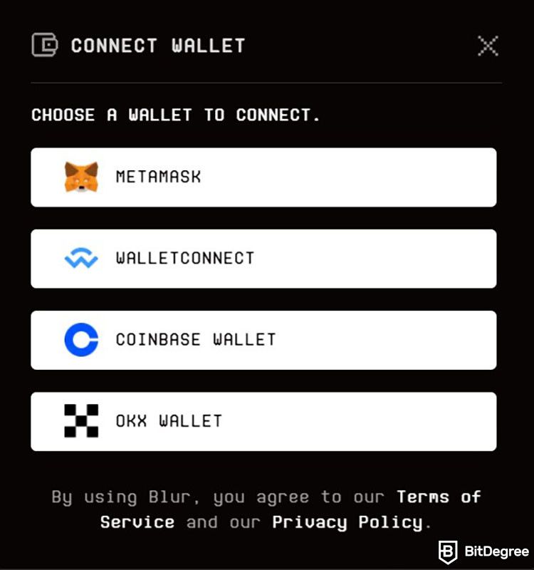 Blur review: the popup window for connecting a crypto wallet to Blur's platform.