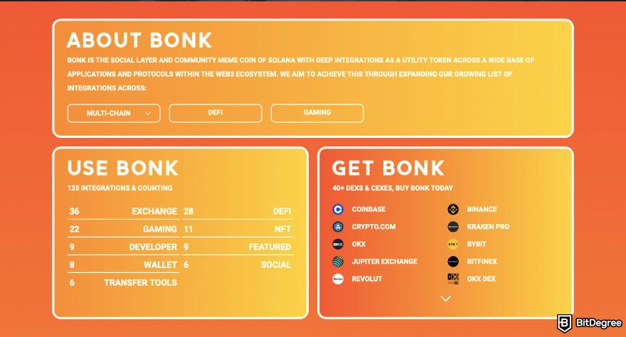 Bonk token airdrop: a screenshot of Bonk's About page.