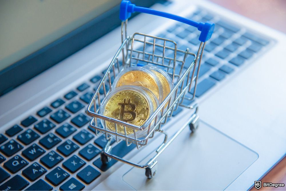 Bonk token airdrop: a miniature shopping cart with crypto coins inside.