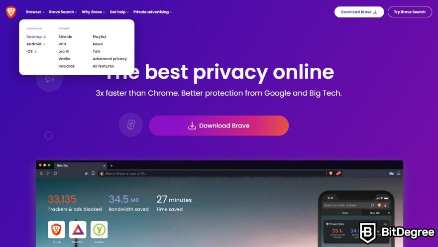 Brave Wallet review: downloading the Brave browser.