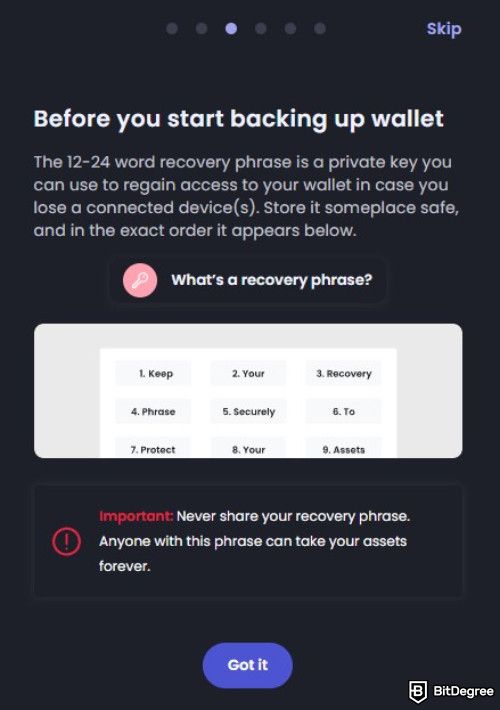 Brave Wallet review: backing up the recovery phrase.