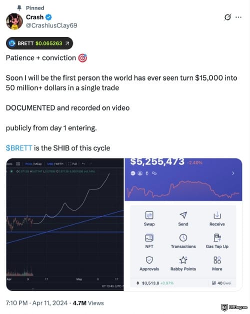 Brett coin price prediction: Crash's X post about Brett.