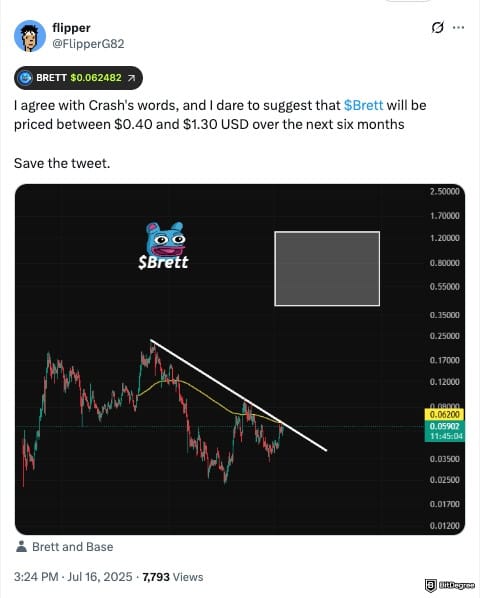 Brett coin price prediction: flipper's X post about Brett.