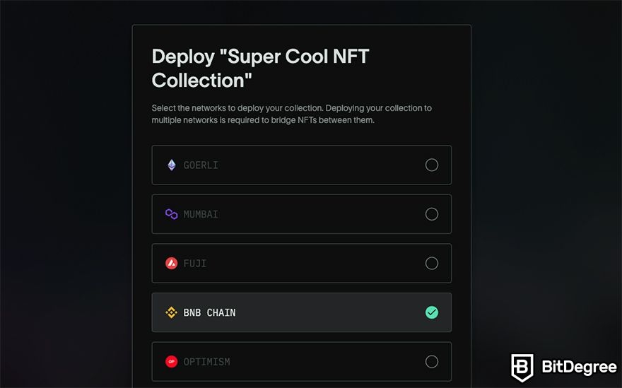 BSC NFT minting: choose network for deploying NFT.