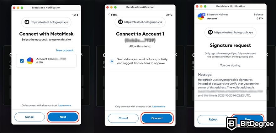 BSC NFT minting: the process of connecting MetaMask to Holograph.