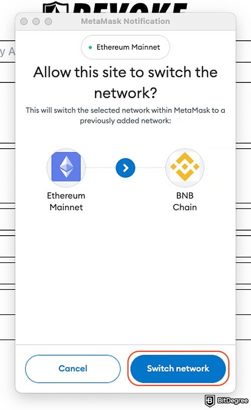 BSC revoke: network change on MetaMask wallet.