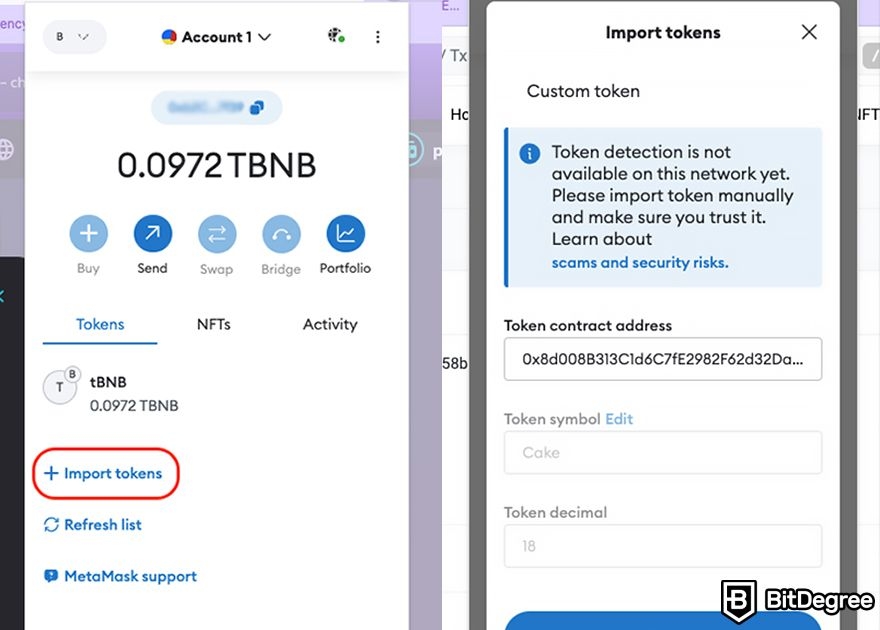 BSC swap: importing tokens to Metamask.