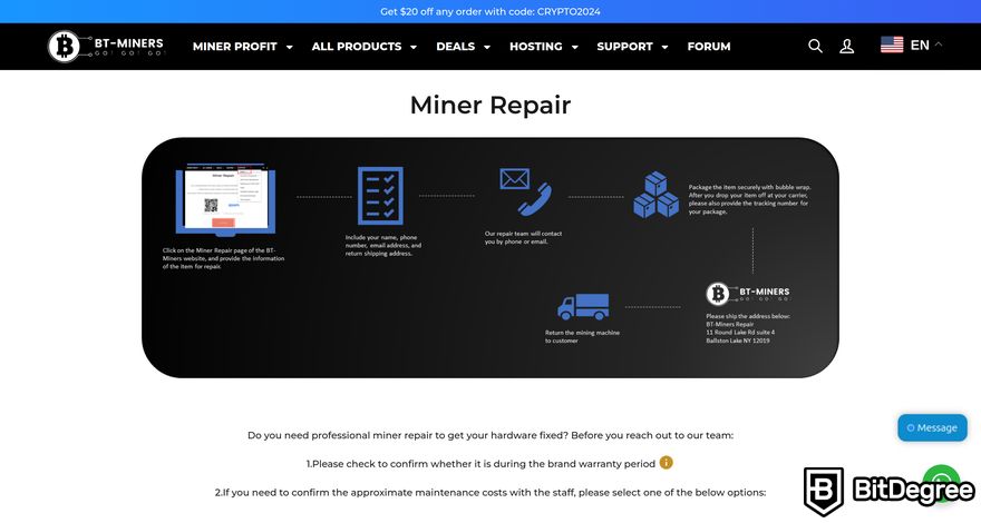 Đánh giá BT-Miners: bản xem trước của trang Sửa chữa máy đào.