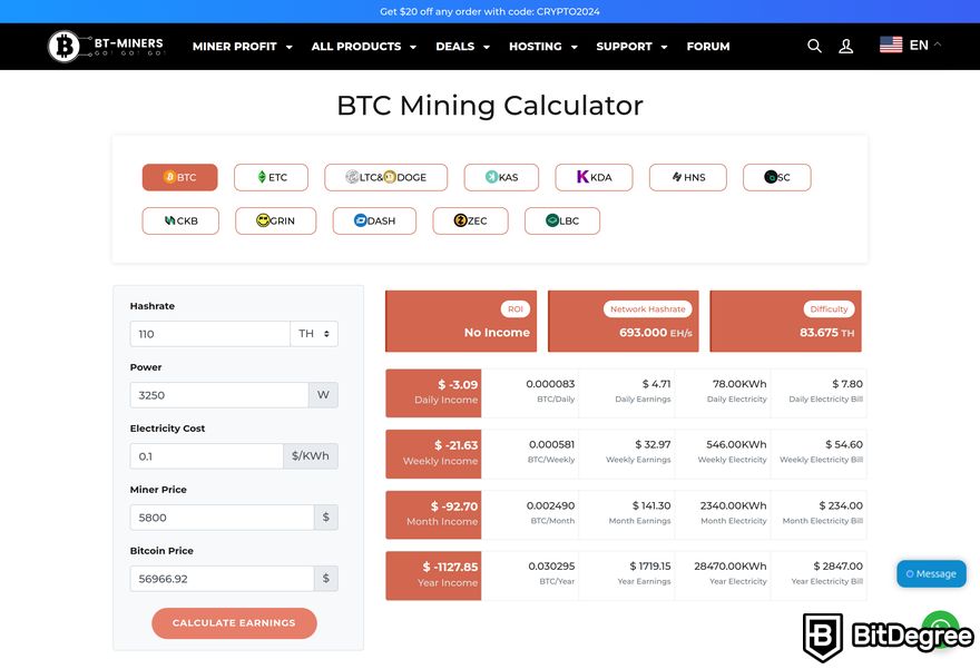 BT-Miners review: a preview of the Mining Calculator page.