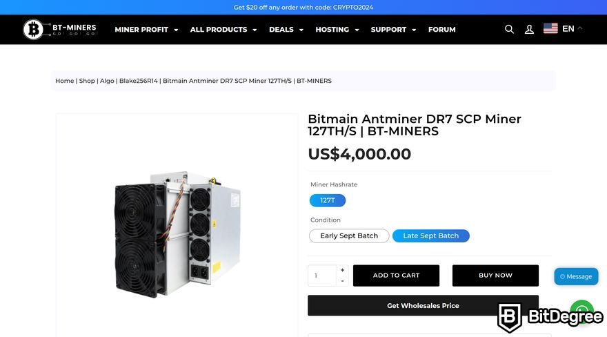 BT-Miners review: a preview of the Bitmain Antminer DR7 SCP Miner 127TH/S product page.