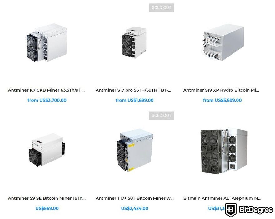 Análise da BT-Miners: vitrine de produtos da BT-Miners.