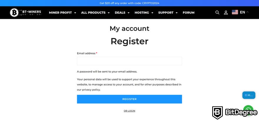 BT-Miners review: a preview of BT-Miners' registration page.